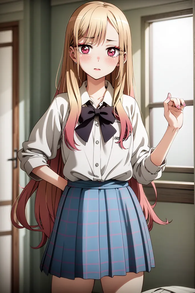 The image shows a young girl with long blonde hair and pink eyes. She is wearing a white blouse with a black bow tie and a gray pleated skirt. She is standing in a room with a wooden door and a window. The girl is looking at the viewer with a shy expression on her face.