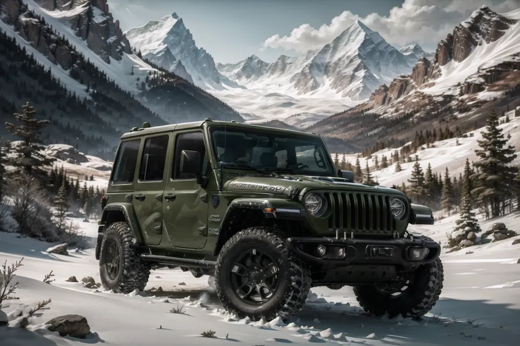 This is a photo of a green Jeep Wrangler Rubicon driving on a snowy road in the mountains. The sky is blue, and the sun is shining. The Jeep is surrounded by snow-covered mountains and trees. The road is winding and looks dangerous, but the Jeep is making it look easy. The Jeep is green and has a black bumper and black wheels. It also has a sticker on the hood that says \