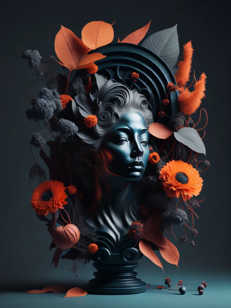 The image is a 3D rendering of a woman's head. The head is dark blue and made of a smooth material. The woman has her eyes closed and her head is tilted slightly to the right. She is wearing a headdress made of orange and blue flowers and leaves. The flowers are mostly chrysanthemums and the leaves are mostly ivy. The headdress is very detailed and looks like it was made of real flowers and leaves. The background is dark blue and there is a spotlight shining on the woman's head. The image is very beautiful and looks like it was taken from a movie or a video game.