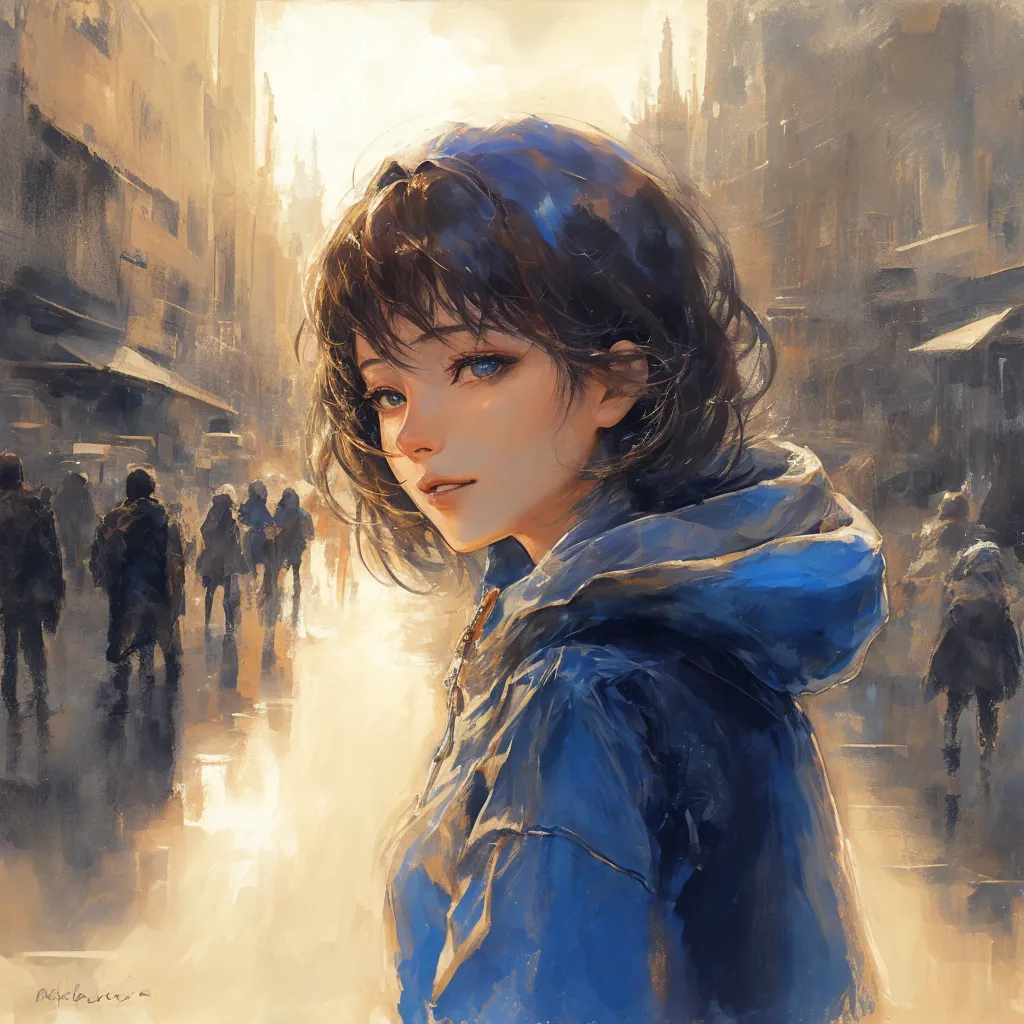 The image is a painting of a young woman with short brown hair and blue eyes. She is wearing a blue jacket and looking back over her shoulder at the viewer. The background is a blurred cityscape with people walking in the street. The painting is done in a realistic style with soft colors and muted tones.