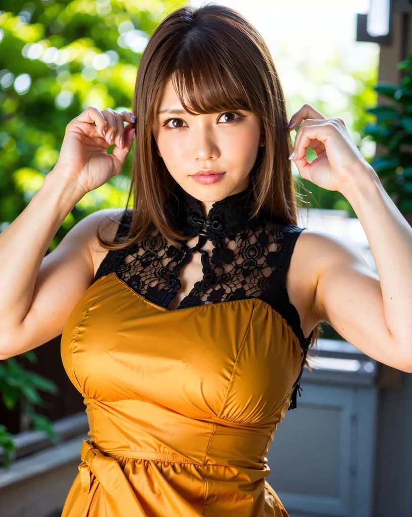 The image shows a young woman with long brown hair and bangs. She is wearing a sleeveless yellow dress with a black lace overlay on the top. She is standing in front of a green leafy background, and she has her hands on her head. She is looking at the camera with a serious expression.