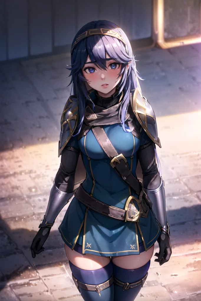 The image is of a young woman with long blue hair and blue eyes. She is wearing a blue and white outfit with a white cape. She is also wearing a brown belt and a pair of brown boots. She has a sword in her right hand and a shield in her left hand. She is standing in a dark room with a stone floor. There is a door on the left side of the room and a window on the right side of the room.