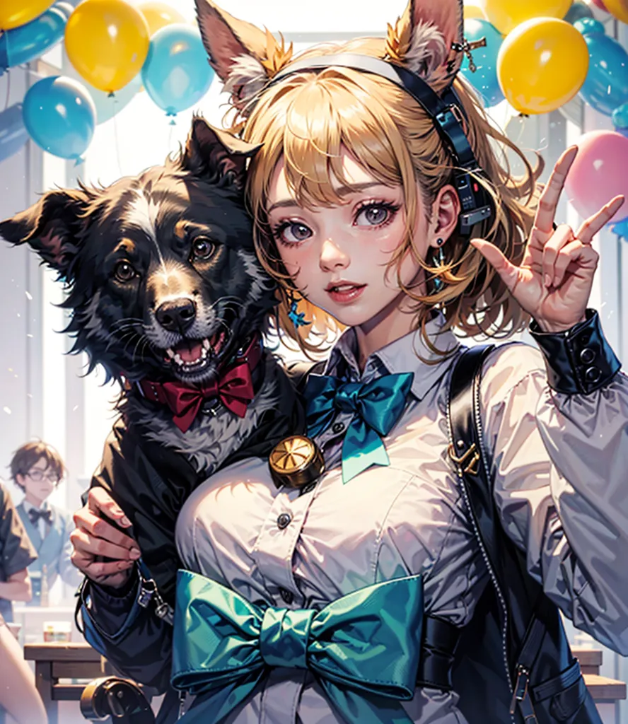 The image shows an anime-style girl with blond hair and blue eyes. She is wearing a white shirt, black jacket, and blue bow. She has cat ears and a tail. She is standing in a room with a dog. The dog is black and white and has a red bow tie. There are balloons in the background.