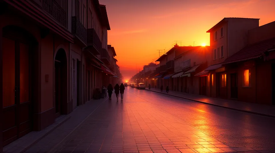 The image is a beautiful streetscape of a European city. The time is sunset and the sky is a deep orange color. The buildings are tall, brightly colored, and have a lot of detail. The street is made of red bricks and there are people walking on it. There are also some trees and plants on the street. The image is very realistic and it looks like a photograph.