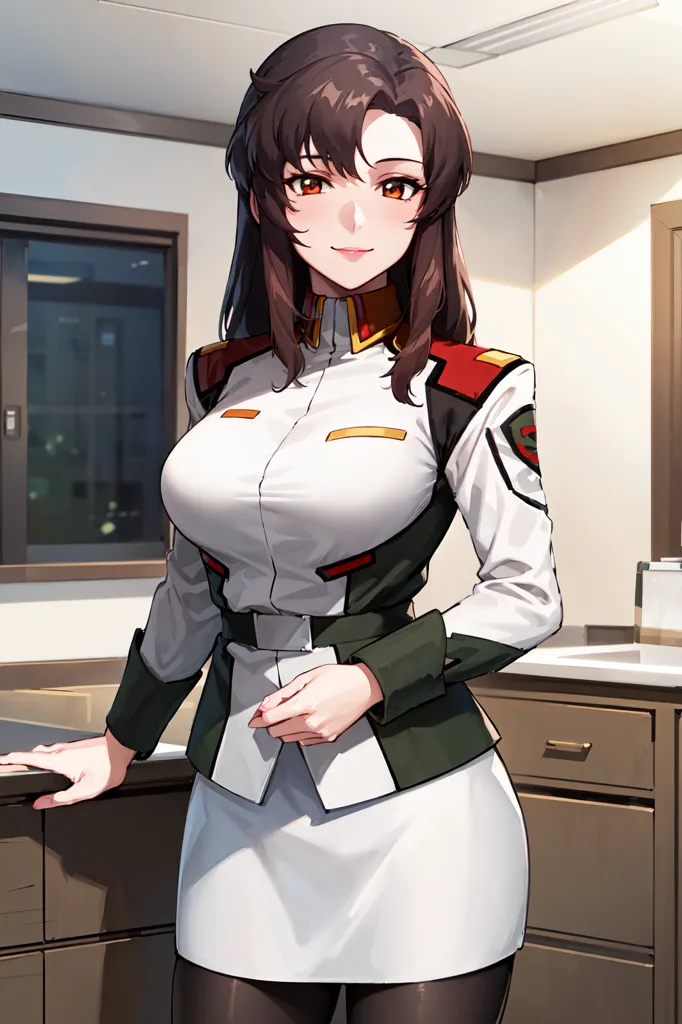 The image depicts a young woman with long brown hair and brown eyes. She is wearing a white military-style uniform with a green collar and red and yellow epaulettes. The uniform has a long white skirt and a short white jacket with gold buttons. She is also wearing black stockings and black boots. She is standing in a kitchen, leaning against a counter with a confident smile on her face.