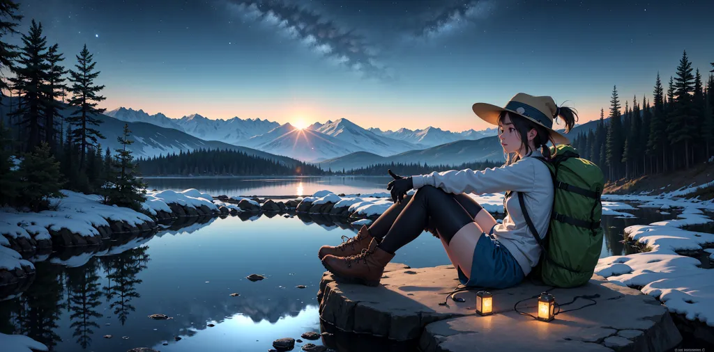 この画像は、夕暮れ時の山の湖の美しい景色です。空は深い青色で、雪をかぶった山々の後ろに太陽が沈んでいます。湖は静かで穏やかで、水面に木々が反射しています。前景には岩の上に座っている女の子が写っています。彼女は帽子、リュックサック、登山靴を着用しています。この画像は穏やかで落ち着いた雰囲気を捉えており、自然の美しさを表現しています。