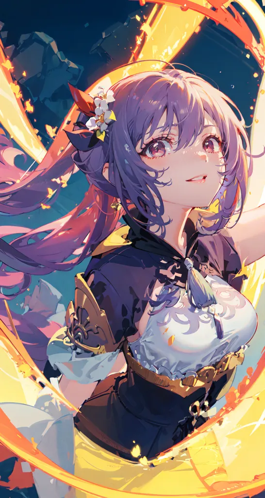 The image is of a young woman with purple hair and a white dress with a purple jacket. She is smiling and has her eyes closed. She is surrounded by a yellow and orange glow. There are also some white and pink flowers in her hair. She is a character from the game Genshin Impact, and her name is Hu Tao.