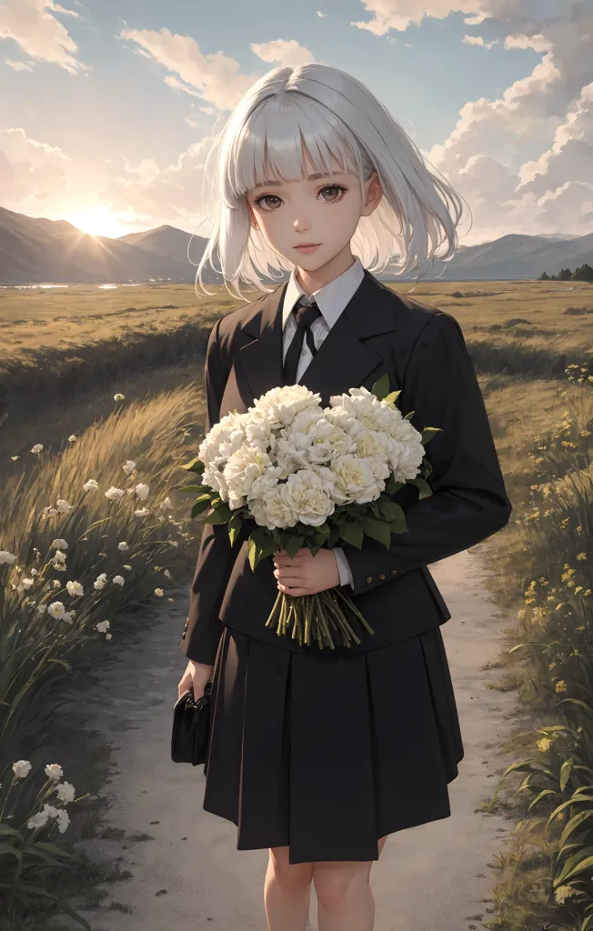 The image shows a young girl with white hair and gray eyes. She is wearing a black suit and a white shirt with a black tie. She is holding a bouquet of white flowers. She is standing in a field of tall grass with a mountain range in the distance. The sun is setting behind her.