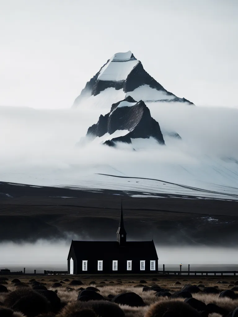 The image is in black and white. A large snow-capped mountain is in the background. There is a dark church in the foreground. There is a large amount of fog around the church.