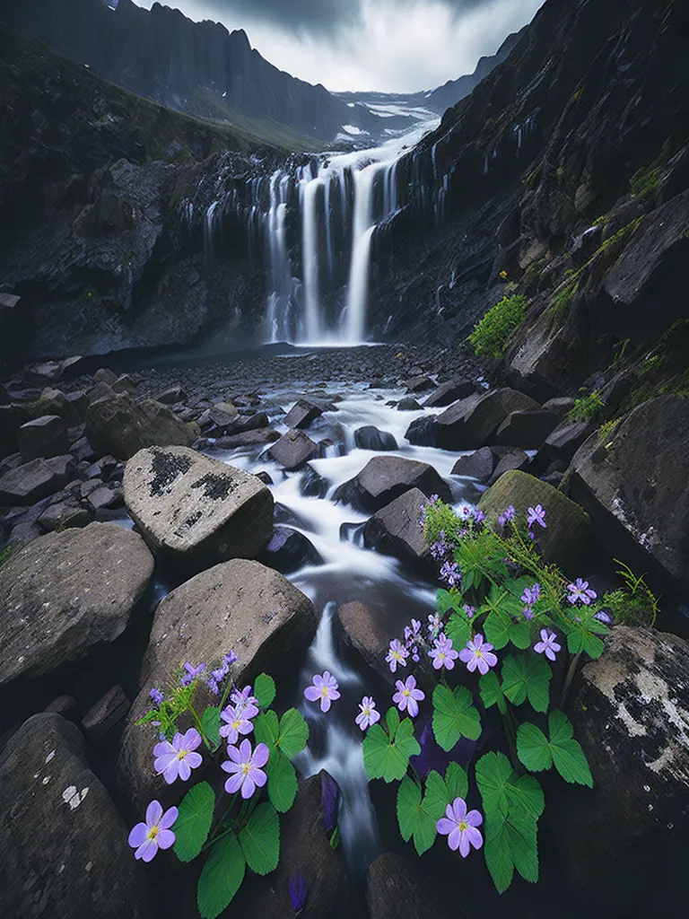 The image is a beautiful landscape of a waterfall in a valley. The waterfall is cascading down from a height, surrounded by tall, rocky cliffs. The water is crashing against the rocks, creating a powerful and mesmerizing scene.

In the foreground of the image, there are some rocks and moss-covered boulders. Some purple flowers are also growing in the foreground, adding a touch of color to the scene.

The waterfall is the main focus of the image, and it is truly a sight to behold. The water is captured in mid-motion, creating a sense of movement and energy. The cliffs surrounding the waterfall are covered in moss and other vegetation, adding to the natural beauty of the scene.

The image is full of contrast, with the bright, white water of the waterfall against the dark, rocky cliffs. This contrast creates a sense of drama and excitement, and it draws the viewer's eye to the waterfall.

Overall, the image is a stunning and awe-inspiring landscape of a waterfall in a valley. It is a beautiful and powerful scene that is sure to leave a lasting impression on the viewer.