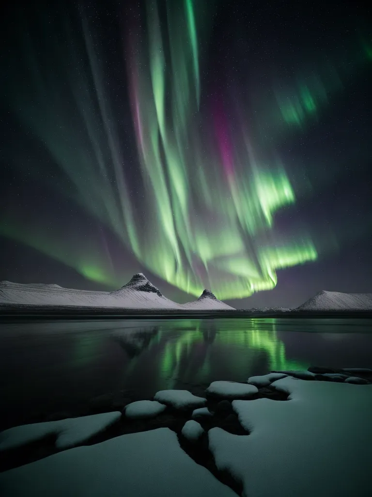 Foto tersebut menunjukkan aurora di atas pegunungan. Aurora tersebut berwarna hijau dan ungu, dan tercermin di air di bawahnya. Ada bebatuan yang tertutup salju di bagian depan, dan gunung-gunung di latar belakang juga tertutup salju. Langit terlihat gelap dan bintang-bintang.