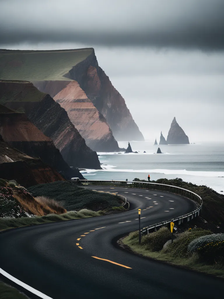 The image shows a winding road along a rocky coast. The road is bordered by a green field on one side and a rocky cliff on the other. In the distance, there is a large body of water with two small islands. The sky is cloudy and the water is rough. There is a yellow line down the middle of the road and some yellow posts along the side. There is a person standing on the side of the road. They are wearing a red jacket and black pants.