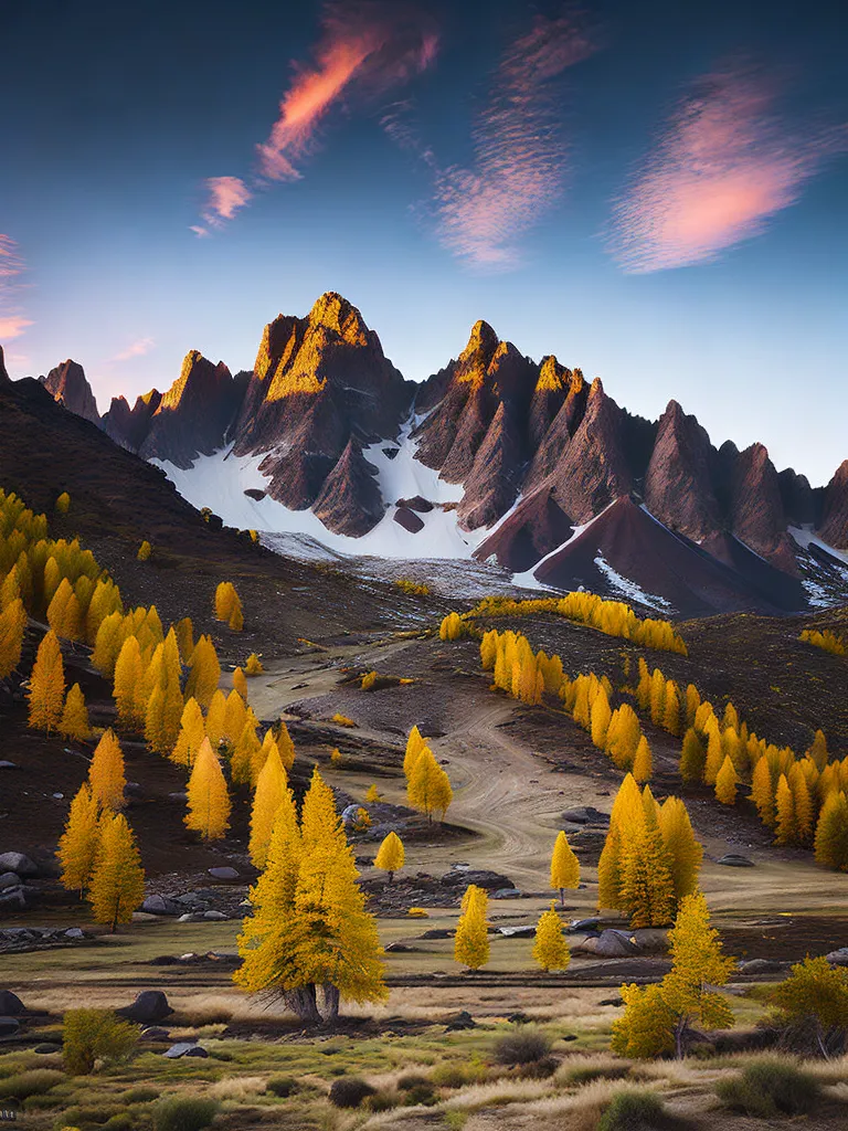 The image is a beautiful landscape of a mountain range. The mountains are covered in snow. The sky is a clear blue with a few clouds. The foreground of the image is a field of yellow trees. There is a path leading through the middle of the field. There are also some large boulders scattered around the field. The image is very peaceful and serene.