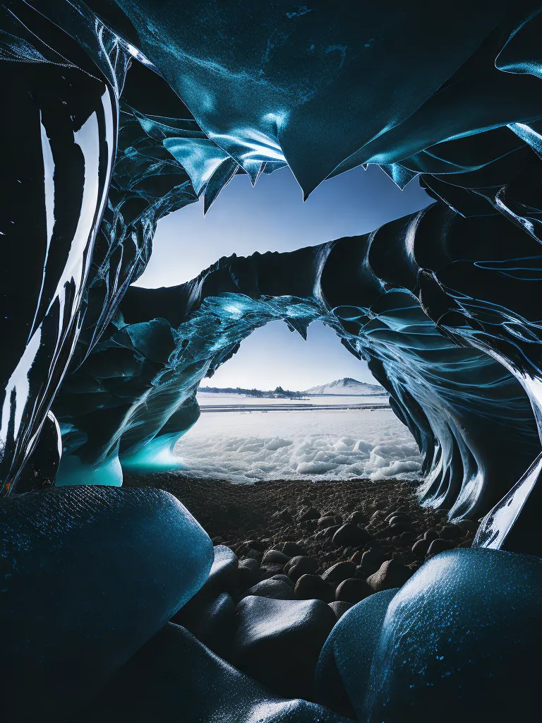 The image is of an ice cave. The walls and floor of the cave are made of ice, and the ceiling is made of snow. The cave is lit by a blue light, which gives it a magical appearance. There is a large opening in the cave, which looks out onto a frozen lake. The lake is surrounded by snow-capped mountains. The image is very beautiful and serene.