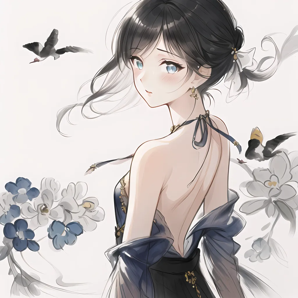 The image is a painting of a young woman in a blue dress. She has long black hair and blue eyes. She is standing in a field of flowers. There are two birds flying in the background. The painting is done in a realistic style. The woman's expression is serene. She is wearing a necklace and a bracelet. Her hair is flowing in the wind. The flowers are colorful and delicate. The painting is full of details and the colors are vibrant.