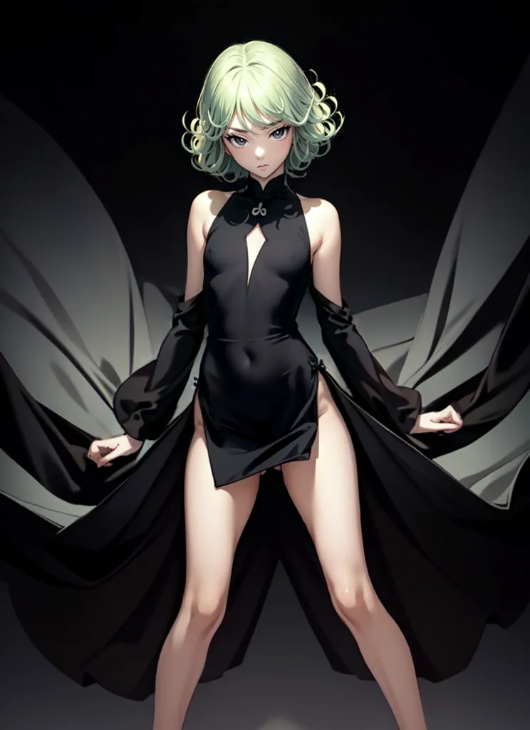 The image is of a young woman with green hair and eyes. She is wearing a black dress with a high collar and a slit up the side. She is standing with her feet shoulder-width apart, her hands resting on her hips. She has a confident expression on her face. There is a dark background with a spotlight shining on her.