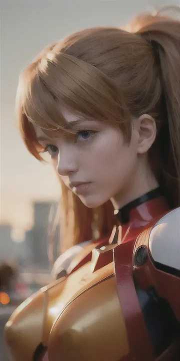 The picture shows a young girl with brown hair and blue eyes. She is wearing a red and yellow armored suit with a high collar. The suit has a pattern of black lines running across the chest and shoulders. The girl is looking to the right of the frame with a neutral expression on her face. She has a ponytail and her hair is blowing in the wind. The background is blurred and looks like a city.