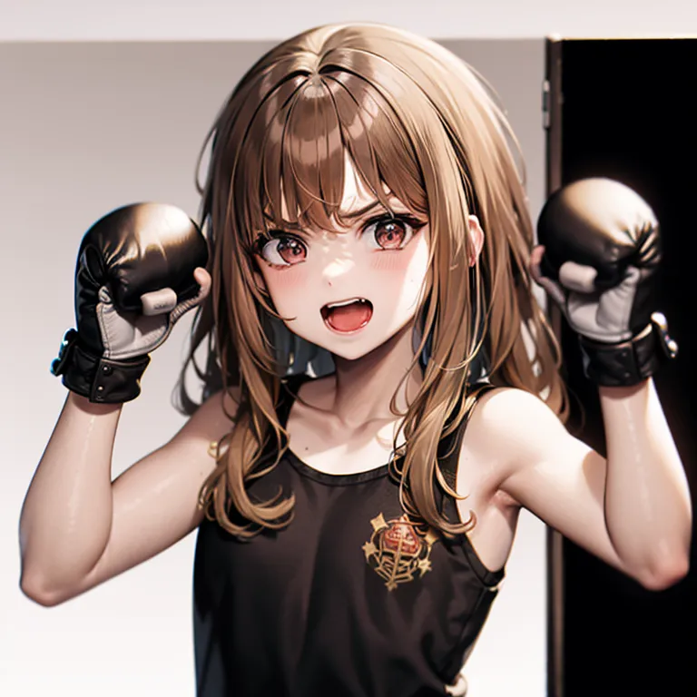 The image depicts an anime girl with brown hair and red eyes. She is wearing a black tank top and black boxing gloves. She has a determined expression on her face and appears to be ready for a fight. The background is a blurred image of a boxing ring.