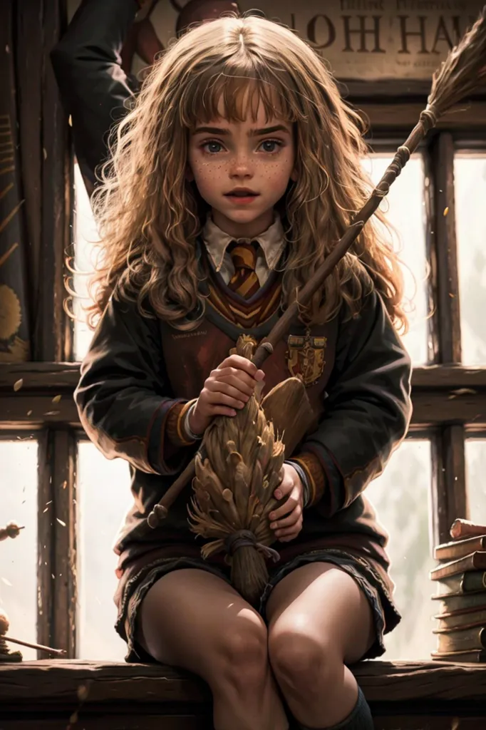 The image shows Hermione Granger, a character from the Harry Potter series. She is sitting on a windowsill, holding a broom in her hands. She is wearing a Hogwarts uniform and has her hair in a ponytail. She is looking at the viewer with a serious expression. The background is blurred, but it looks like there are books and other objects on the windowsill.