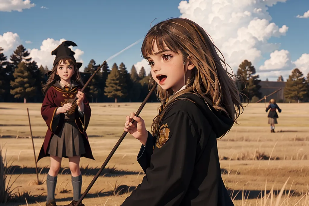 The image shows a girl with long brown hair and brown eyes wearing a black robe with a Gryffindor emblem on it. She is standing in a field of tall grass, holding a stick in her hand. In the background, there are two other children playing. One of them is wearing a similar black robe, the other one is wearing a white shirt. The background is a grassy field with trees and clouds in the sky.