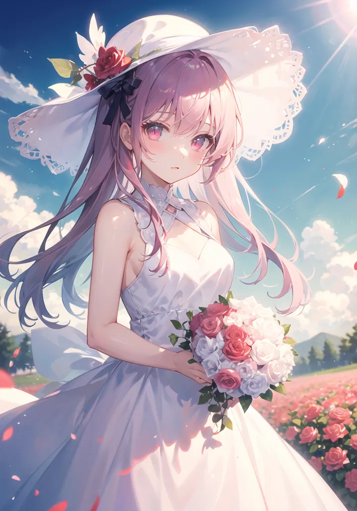 The image is a painting of a beautiful anime girl with pink hair and purple eyes. She is wearing a white dress and a large white hat with a black ribbon. She is standing in a field of red and white roses, holding a bouquet of the same flowers. The background is a blue sky with white clouds. The painting is done in a realistic style, with soft colors and shading. The girl's expression is one of happiness and contentment.