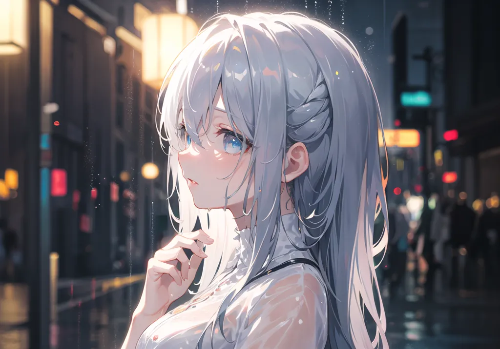 The image is a portrait of a young woman with long white hair and blue eyes. She is wearing a white dress and is standing in a rainy street. The street is lit by streetlights and the rain is falling heavily. The woman is looking at the viewer with a sad expression on her face.