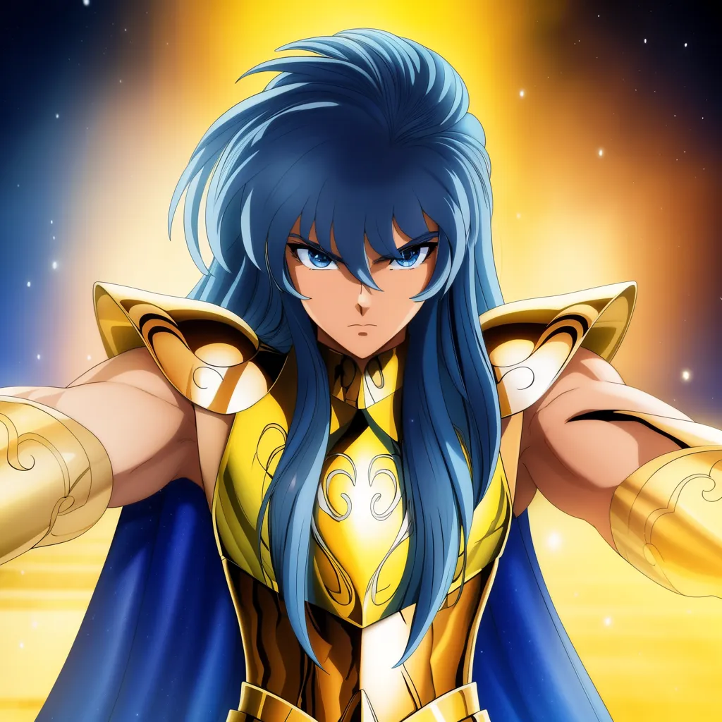 The image shows a young man with long blue hair and blue eyes. He is wearing a golden armor and a blue cape. He is standing in a fighting stance, with his arms outstretched. The background is a bright yellow, with a few stars.