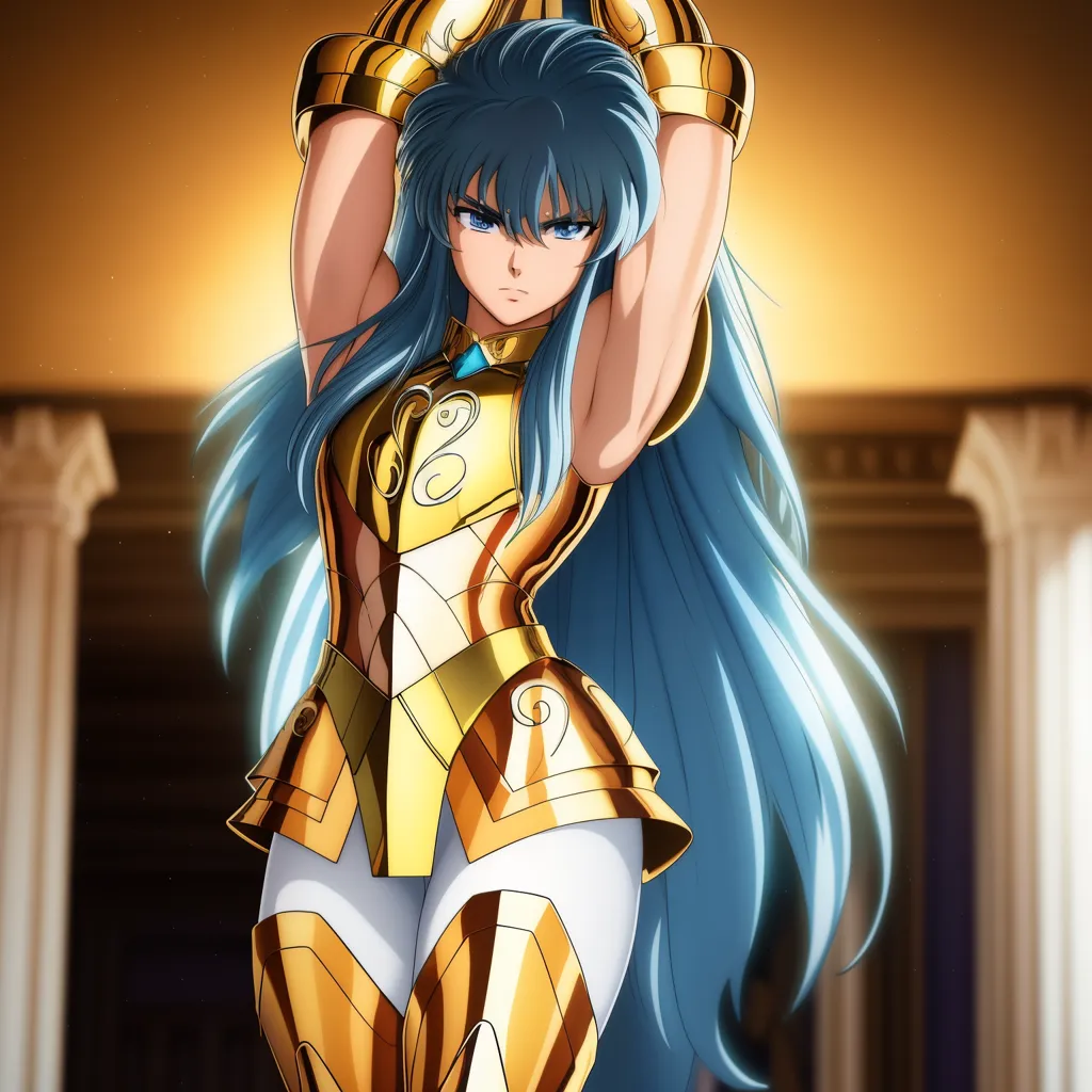 The image shows a muscular woman with long blue hair wearing a golden armor. She has her arms raised above her head and is looking at the viewer with a serious expression. She is standing in a brightly lit room with white marble columns in the background.