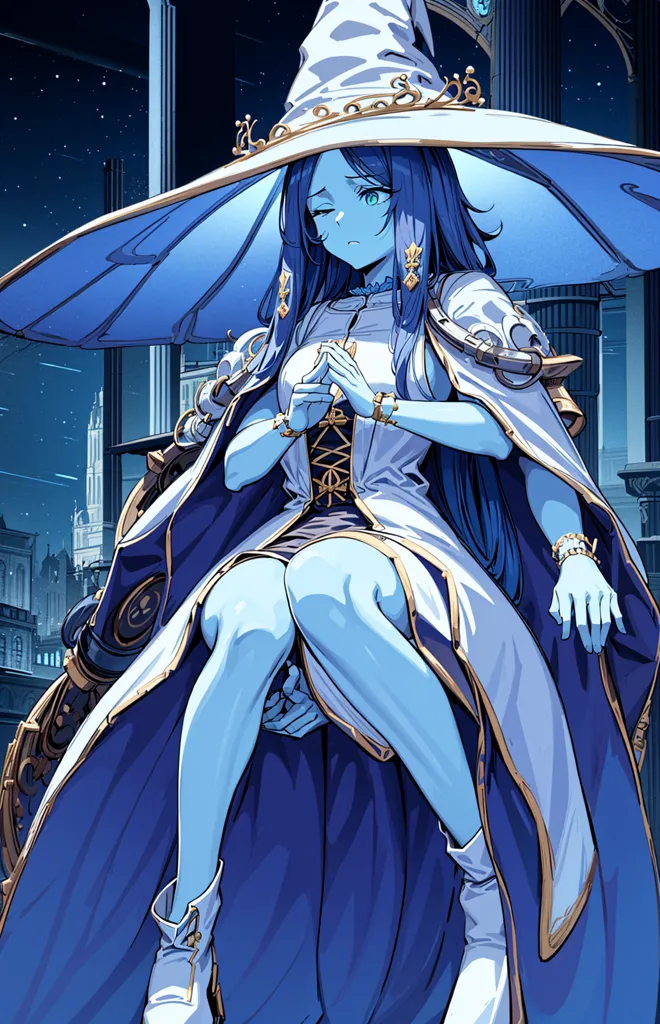 The picture shows a blue-skinned anime girl with long blue hair. She is wearing a white and blue outfit with a large blue hat. She is sitting on a steampunk style throne in what appears to be a clock tower. There are buildings and a night sky with stars in the background.