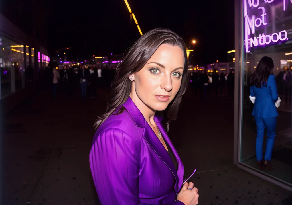 The photo shows a woman in a purple suit with long brown hair. She is standing in front of a glass door with a reflection of a man in a blue suit. There are people walking in the background. The photo was taken at night and the lights are reflected on the glass door.