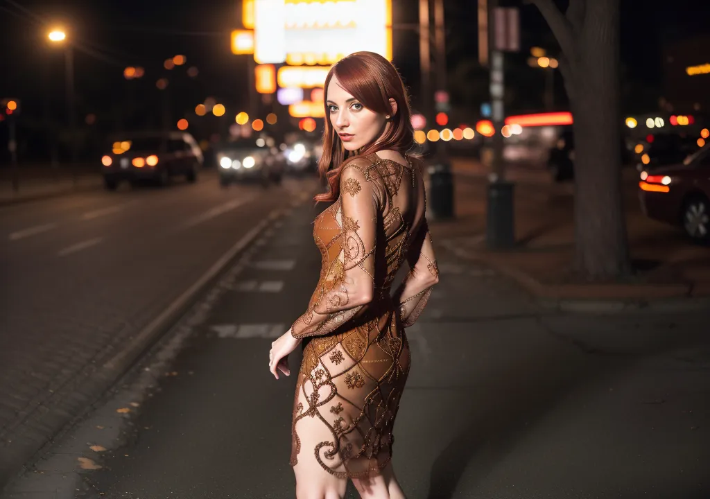 La photo montre une femme portant une robe marron pailletée marchant dans une rue de la ville la nuit. La femme a de longs cheveux rouges et regarde la caméra par-dessus son épaule. Elle a une expression confiante sur le visage. La rue est éclairée par des lampadaires et les phares des voitures qui passent.