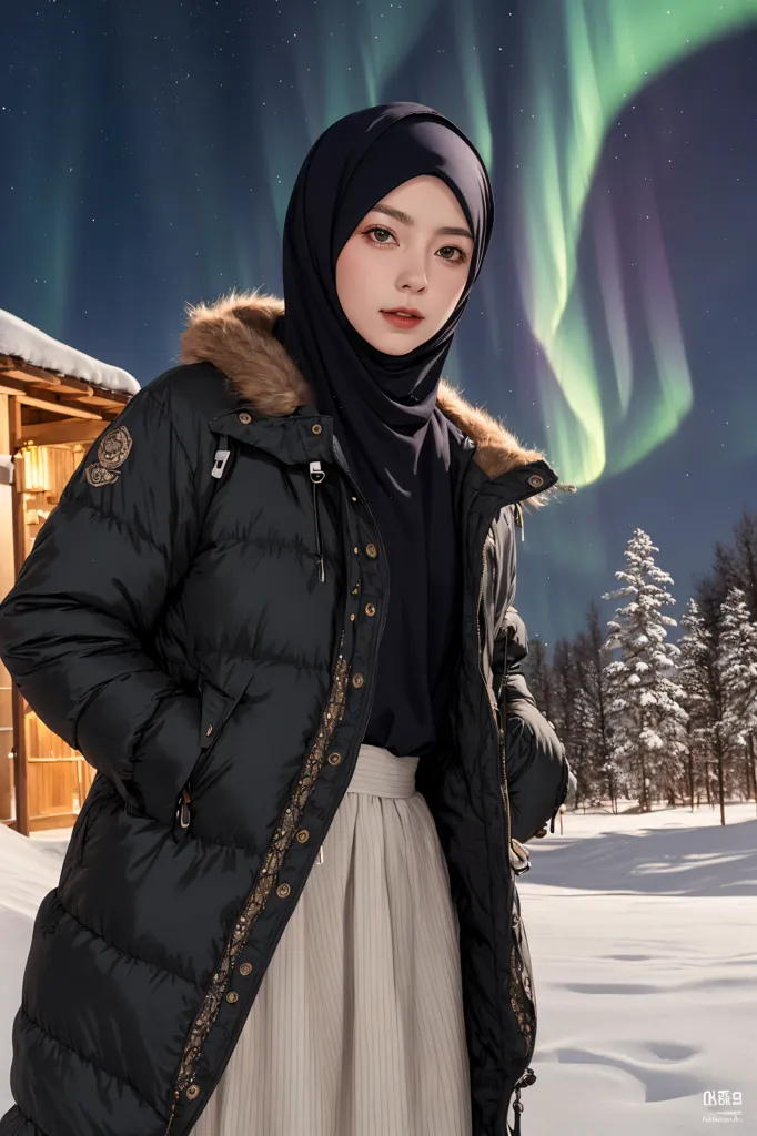 The image shows a young woman wearing a black hijab and a black winter coat with fur trim around the hood. The coat is fastened with gold buttons. She is standing in a snowy forest, with a house in the background. The sky is dark, and the aurora borealis is visible in the sky. The woman is looking at the camera with a slight smile on her face.