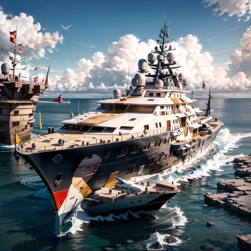 The image shows a large, white and black superyacht with a helipad and several smaller boats docked next to it. The yacht has a sleek design and is surrounded by water. There are clouds in the sky and the sun is shining. In the background, there is a larger ship that looks like a warship.