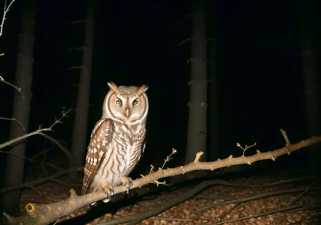 これは、夜の森の中の枝に止まっているフクロウの写真です。フクロウはよく擬態しており、その黄色い目は暗闇の中でかろうじて見えます。フクロウは画面の右を向いており、翼は体に折りたたまれています。枝は太く、ねじれており、葉に覆われています。写真の背景は暗く、フクロウと枝以外はほとんど見えません。