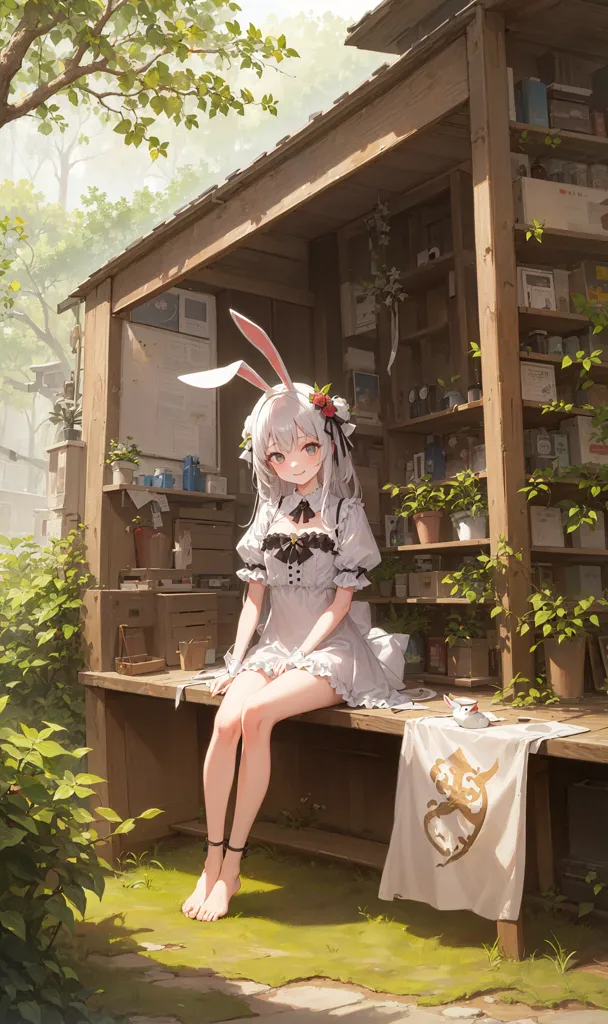 The image is of a young woman with long white hair and rabbit ears. She is wearing a white dress with a black bow. She is sitting on a bench in a garden. There are plants and flowers all around her. The sun is shining through the trees. The image is very peaceful and serene.