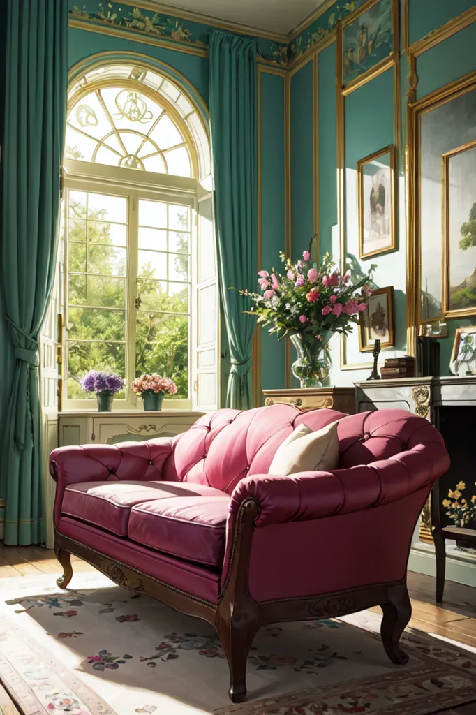 The image shows a living room with a large window, a pink sofa, and a fireplace. The window is arched and has green curtains. The sofa is tufted and has a pink and white pattern. The fireplace has a mantel with a clock and two vases of flowers on it. There is a green patterned rug in front of the sofa. The walls are green and there are paintings on the walls.