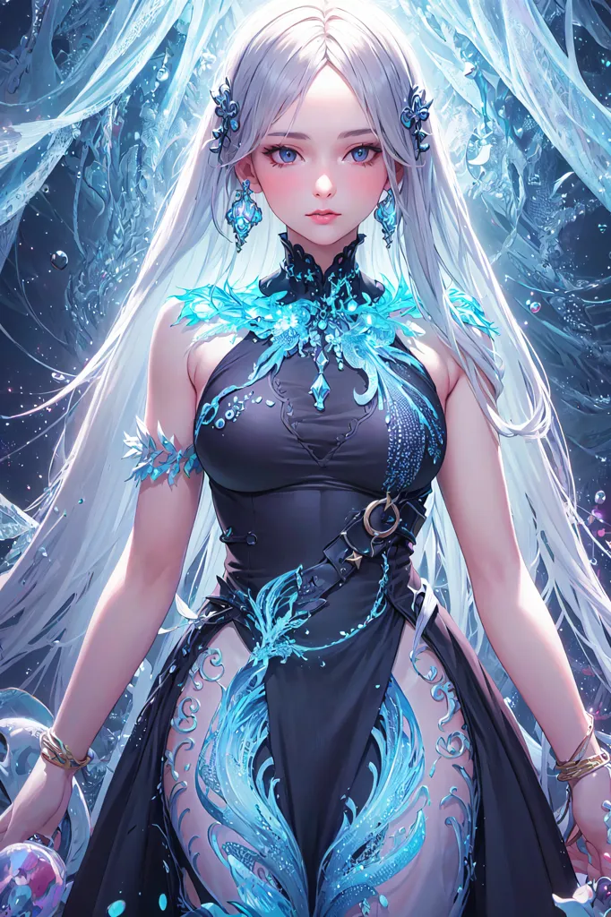 La imagen es una pintura de una hermosa mujer con el cabello blanco largo y ojos azules. Ella está usando un vestido negro con detalles azules. El vestido está cortado alto en las piernas y tiene un escote bajo. También está usando un collar y aretes. La mujer está de pie frente a un fondo azul con una luz blanca brillando sobre ella.