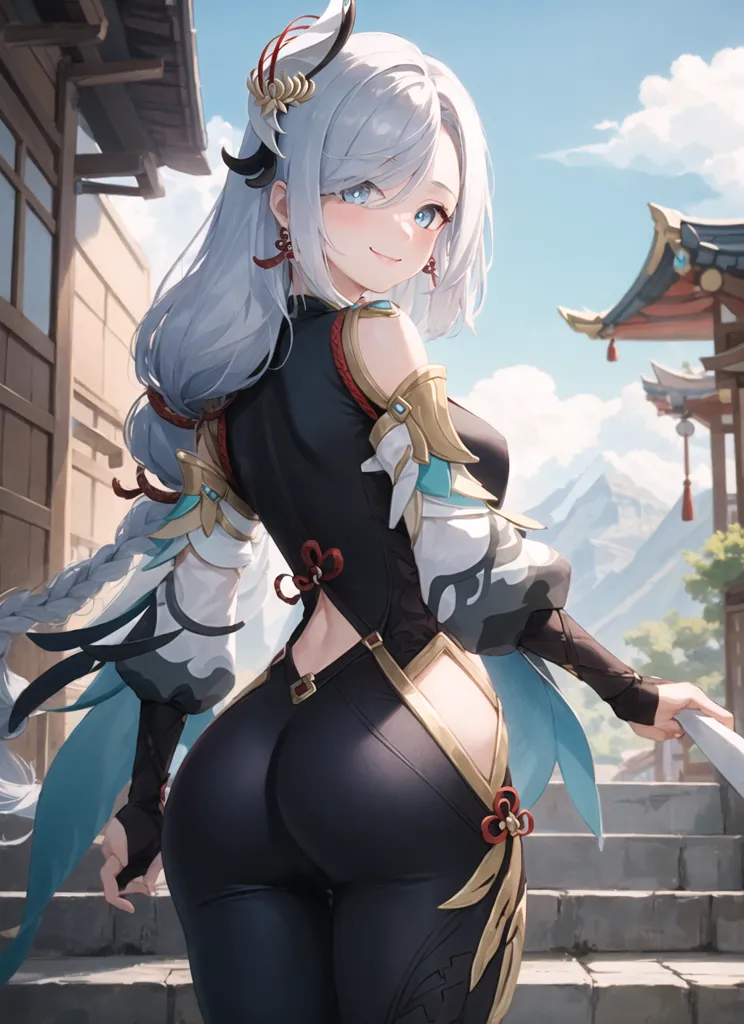 The picture shows a young woman with long white hair and blue eyes. She is wearing a black and white outfit with a low back and a high collar. She is also wearing a red and white headband. She is standing in a Chinese-style courtyard with a blue sky and mountains in the background.