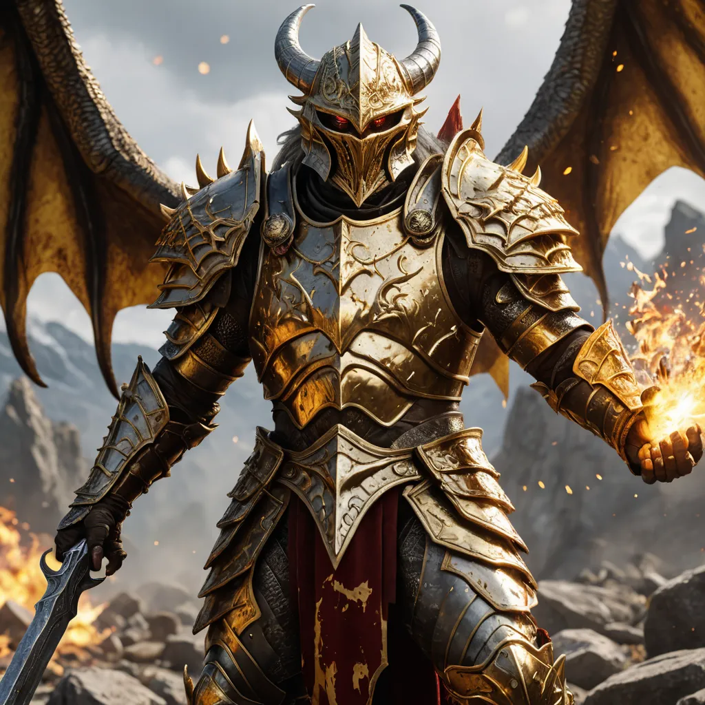 The image shows a warrior in golden armor with a red cape. He is standing in a rocky landscape, with a sword in one hand and a fireball in the other. He has horns on his helmet and wings on his back.