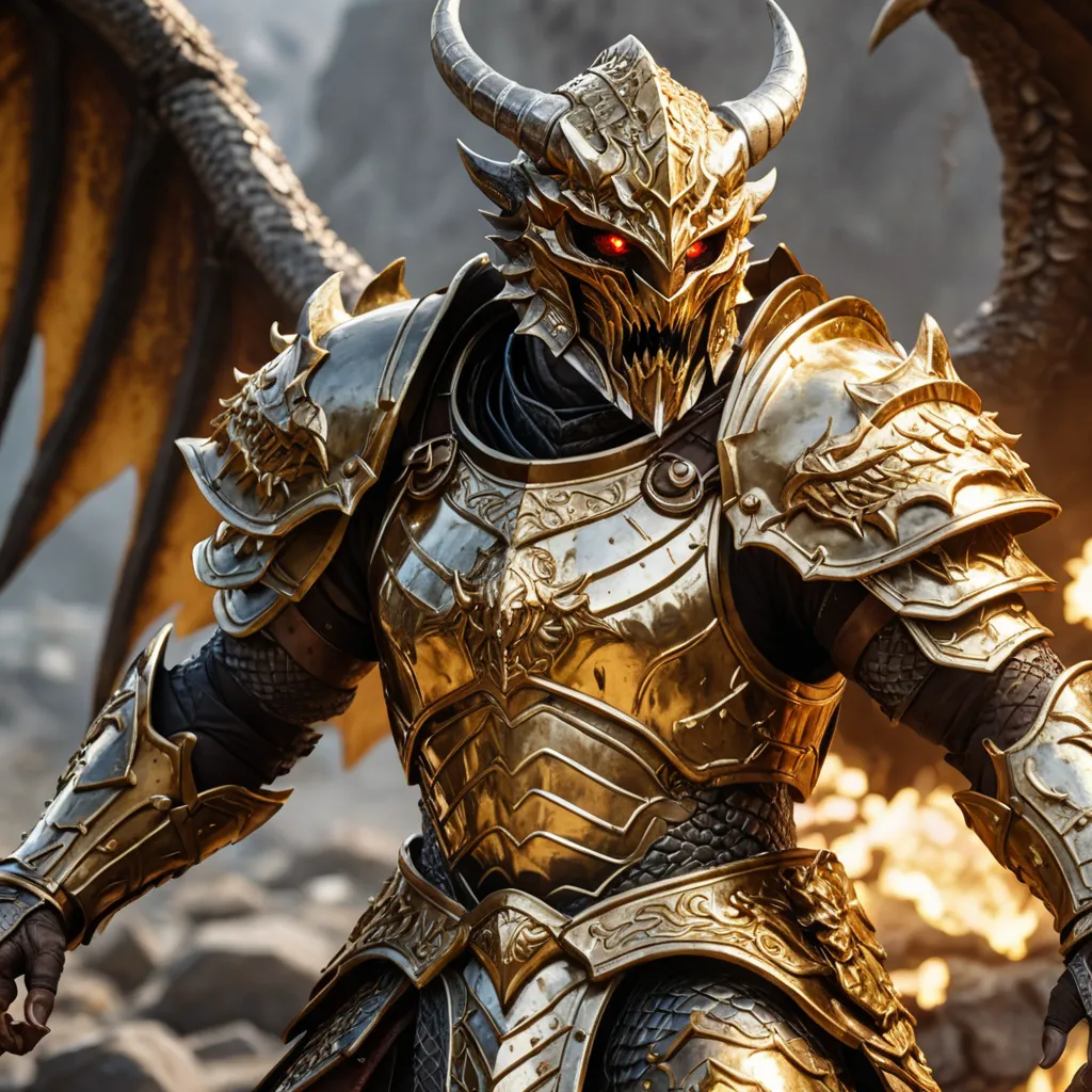 The image shows a warrior in golden armor. He is standing in a fiery, smoky battlefield. The warrior is holding a sword and shield. He is wearing a helmet with a dragon's head on it. The warrior's eyes are glowing red. He looks like he is ready to fight.