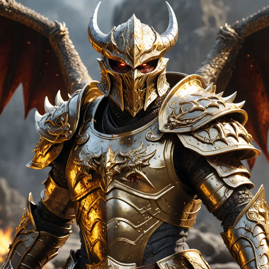 The image shows a warrior wearing golden armor. The warrior is standing in a battlefield, and there are mountains in the background. The warrior is holding a sword and a shield. The warrior's helmet has a dragon's head on it, and the warrior's shoulder pads have spikes on them. The warrior's wings are made of fire.