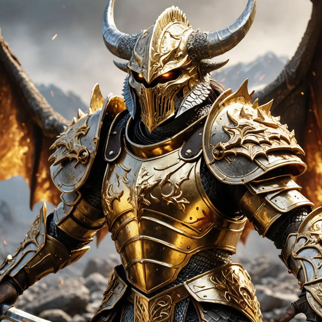 The image shows a warrior wearing golden armor. The warrior is standing in a rocky field, with a large dragon flying in the background. The warrior is holding a sword and shield, and is wearing a helmet with horns. The warrior's armor is decorated with intricate designs, and the dragon is covered in scales.