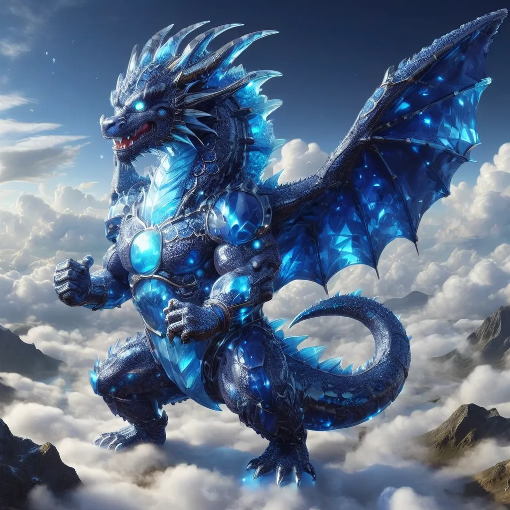 A magnificent sapphire dragon soars through the clouds. Its scales glisten in the sunlight, and its wings beat with a powerful rhythm. The dragon's eyes are a deep, piercing blue, and they seem to see right through you. Its body is long and sinuous, and its tail ends in a sharp point. The dragon's claws are鋒利的, and its teeth are razor-sharp. It is a truly fearsome creature, and it is clear that it is not to be trifled with.