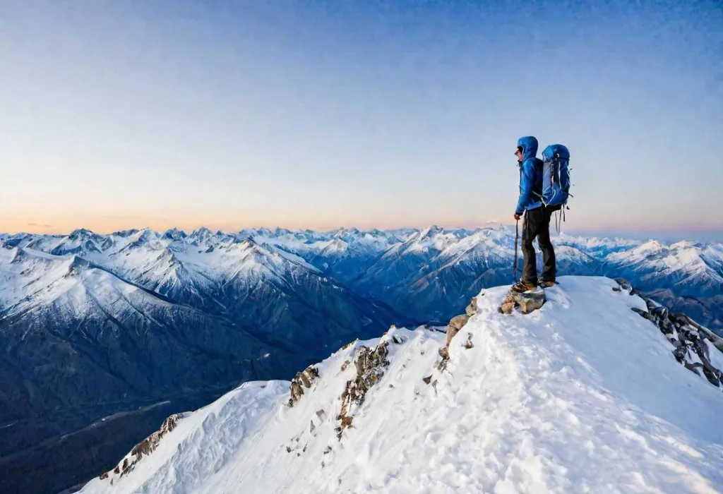 A mountaineer stands on a snow-capped peak and gazes at the壯麗的景色 of snow-covered mountains stretching into the distance. The sky is clear and blue, and the sun is shining brightly. The mountaineer is wearing a blue jacket and a backpack. They have a登山杖 in their hand. The image is taken from a high angle, and the mountains look small and insignificant in comparison to the sky. The image is peaceful and serene, and it captures the beauty of the natural world.