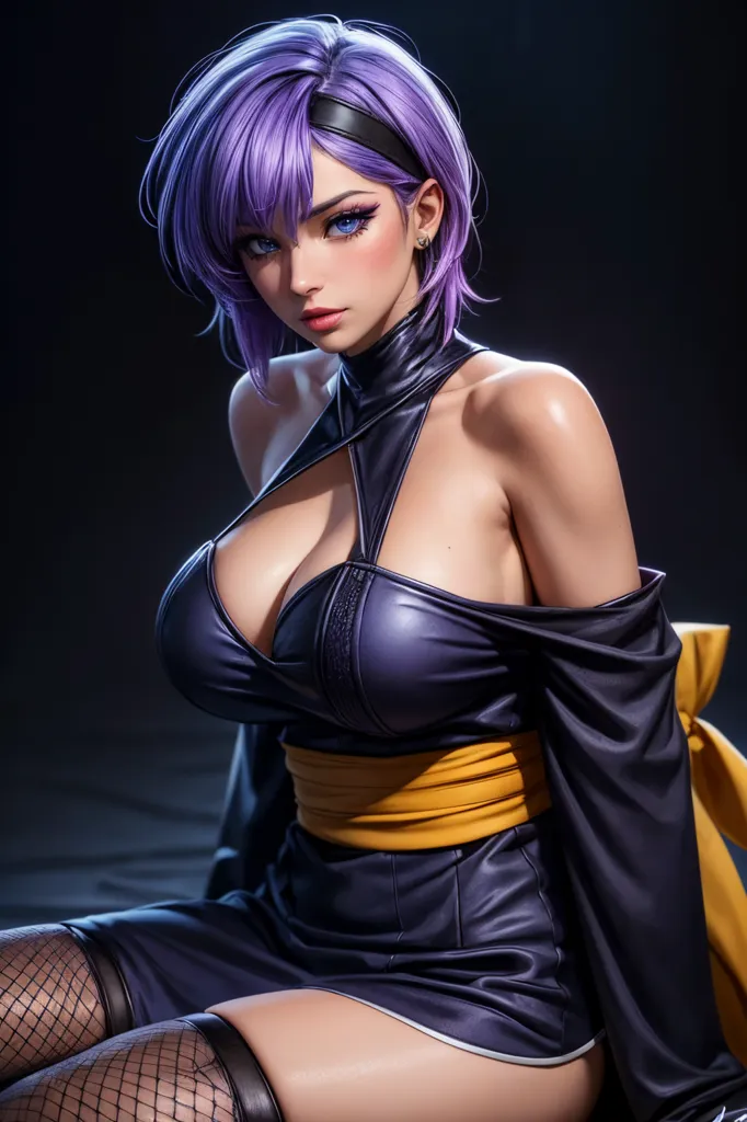 The image is of a beautiful woman with purple hair and blue eyes. She is wearing a black leather dress with a yellow sash. The dress is cut low, showing off her cleavage. She is also wearing fishnet stockings and black boots. She is sitting in a seductive pose, with one hand on her hip and the other resting on her thigh. Her head is tilted slightly to the side, and she is looking at the viewer with a knowing smile.