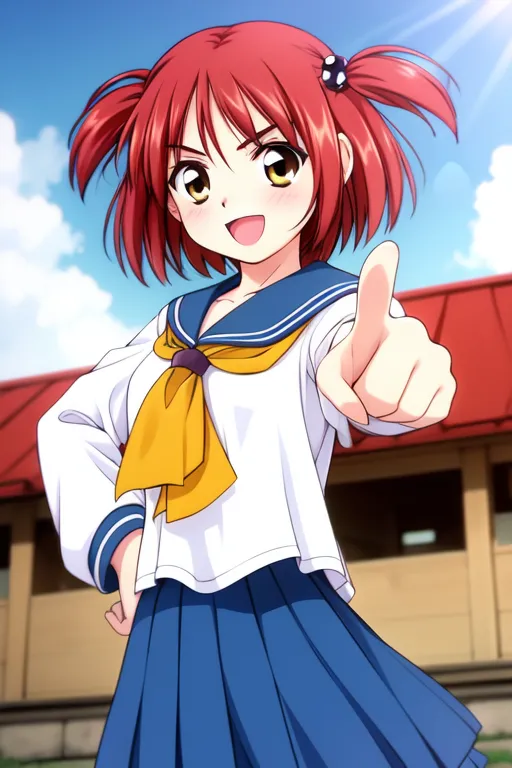 The image shows a young girl with red hair and yellow eyes. She is wearing a white shirt with a blue collar and a blue skirt. She has a yellow bow tied around her neck. She is pointing her finger at the viewer with a smile on her face. She has two red balls in her hair.