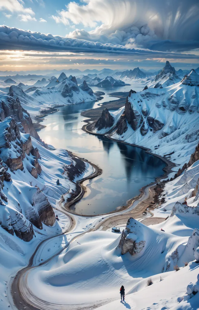 A winter wonderland of snow-capped mountains and a frozen lake. A lone figure stands on a snowy slope, looking out at the majestic view.