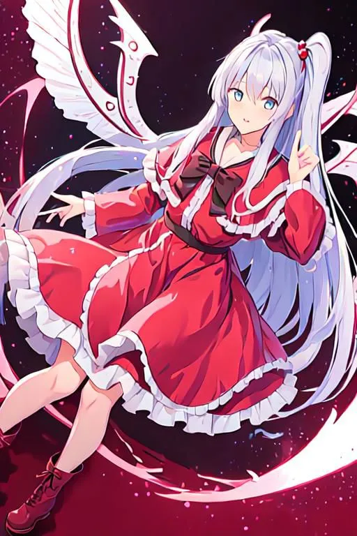 A beautiful anime girl with long white hair and blue eyes. She is wearing a red and white dress and has a pair of white wings. She is smiling and has a peace sign. The background is dark red with a gradient to black at the top.