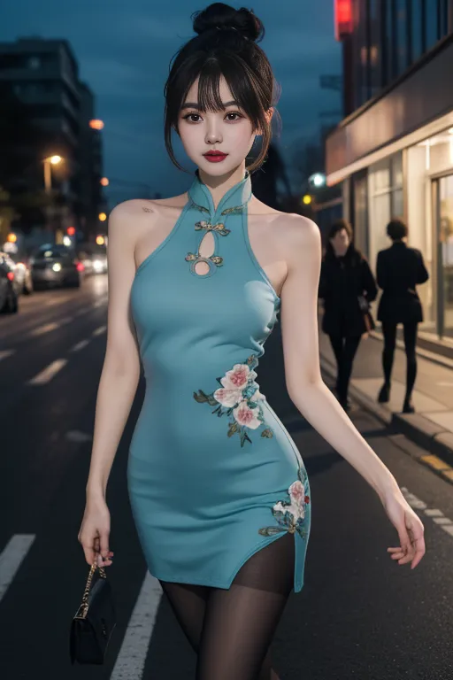 The image shows a young woman wearing a blue cheongsam. The cheongsam is a traditional Chinese dress that is typically worn by women. It is a figure-hugging dress that is typically made of silk or other luxurious fabrics. The cheongsam is often decorated with intricate embroidery or other details. The woman in the image is wearing a blue cheongsam that is embroidered with pink and white flowers. She is also wearing black stockings and black high heels and carrying a black handbag.