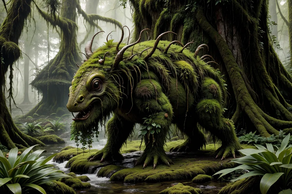 The lush green moss creature stands in the middle of a misty forest. It is covered in thick moss and has large antlers made of branches. It has a long tail that drags on the ground behind it. The creature is surrounded by ferns, and other green plants.